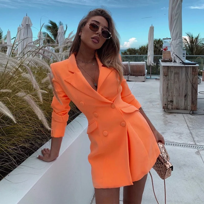 

2020 New Spring And Autumn Women Slim Coats Orange Deep V-Neck Double Breasted Coat Long Sleeve Solid Female Fashion Club Coat