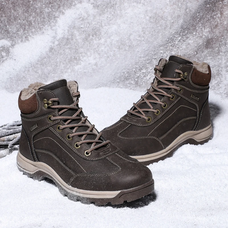Winter Leather Men Boots Fashion Waterproof Snow Designer s Shoes Lace Up Ankle Big Size HX-166