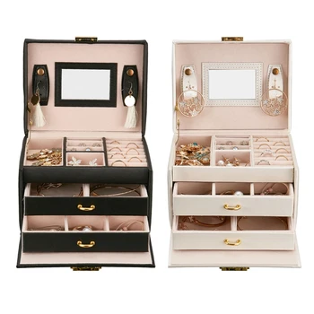 

Drawer Jewellery Box Jewellery Organiser with Mirror and Lock 3 Layers PU Leather Jewelry Storage Case Women Ornaments Organizer