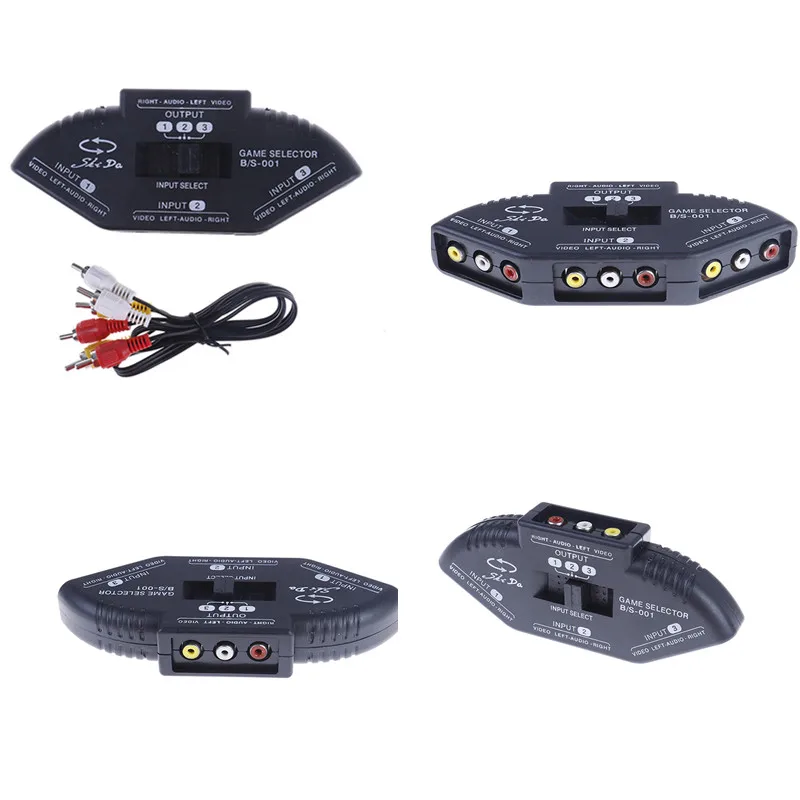 3-Way Audio Video AV Switch Box RCA Black Switch Selector Box Splitter With 3RCA Cable For All Standard AV Devices