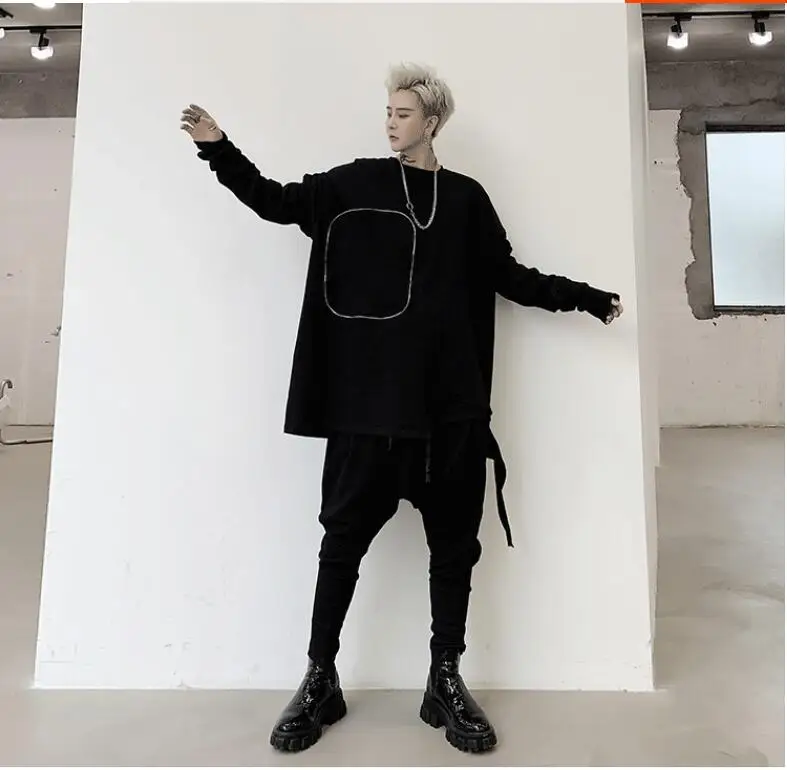 M-XL! Весенняя темная индивидуальная Мужская свободная хип-хоп футболка с длинным рукавом и декоративной молнией