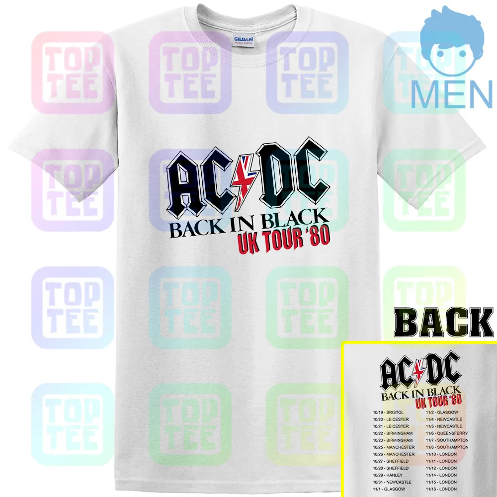 ACDC Back in Black UK Tour 1980 Мужская футболка Винтаж Рок-Группа Альбом Music Merch - Цвет: MEN-WHITE