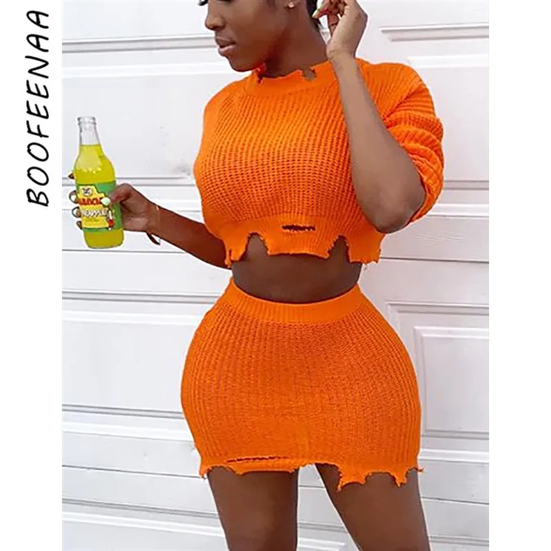 

BOOFEENAA Hole Knitted Sweater Sexy Long Sleeve 2 Piece Skirt Set Fall Winter 2019 Women Two Piece Outfits Matching Sets C54-AG2