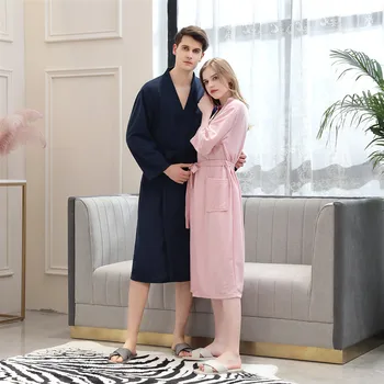 

Matching Couples Bathrobe Women Man Sleepwear Cotton Stitch Pocket Long Sleeve Belt Thin Pure Color Sexy Robe 2019 Fashion Pjs