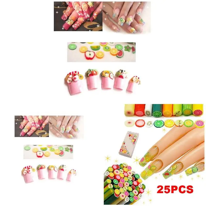 25pcs/lot Fimo Fruit Slices For Slime Supplies/Nails Art Tips Clay Artificial Fruit Slices Sticks Slimes Toys Lizun DIY