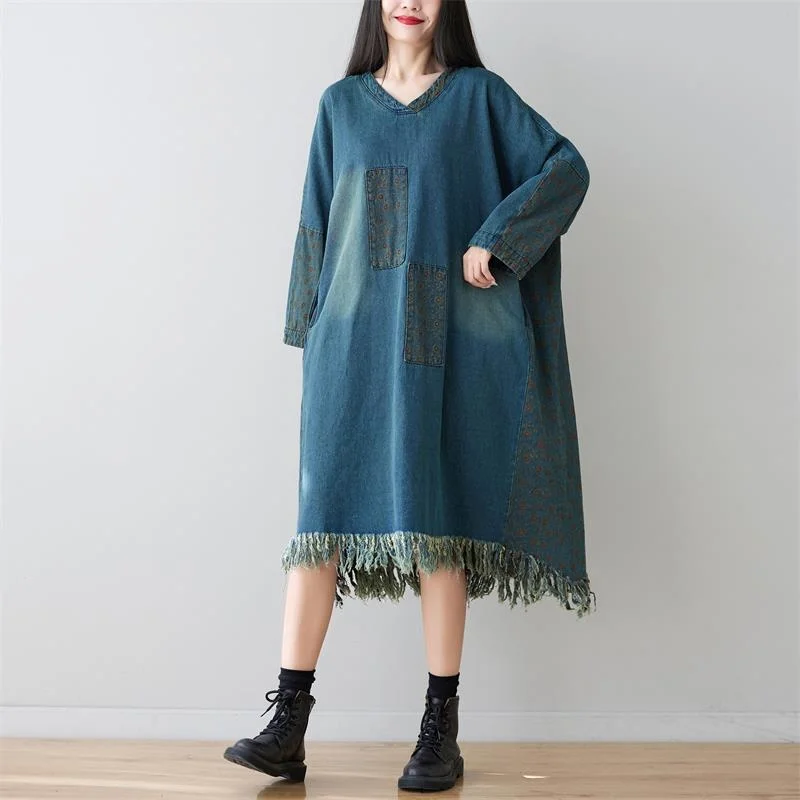 Amax luluE 2024 Spring Womens Loose Leisure V-Neck Dresses Ladies Tassel Design Long Vestidos Vintage Oversized Denim Streetwear