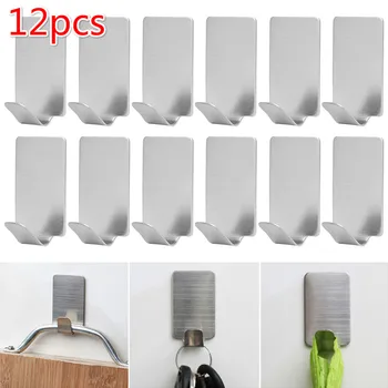 

4/10/12pcs Self Adhesive Hooks Stainless Steel Home Wall Door Towel Hook Key Bag Wall Hanger for Kitchen Bathroom Household Rack