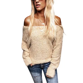 

Women Sweaters Fleece Long Sleeve Off-Shoulder Blouse Knitted Sweater Women Pullovers Tops Shirts 3FS