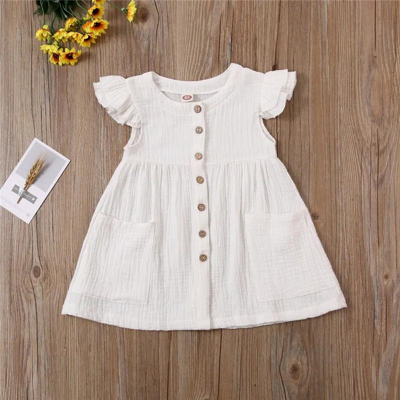 Toddler Kid Baby Girl Summer Dress Ruffles Sleeves Cotton Linen Party Children Girls Casual Button Pocket Dress Sundress Clothes girls dress