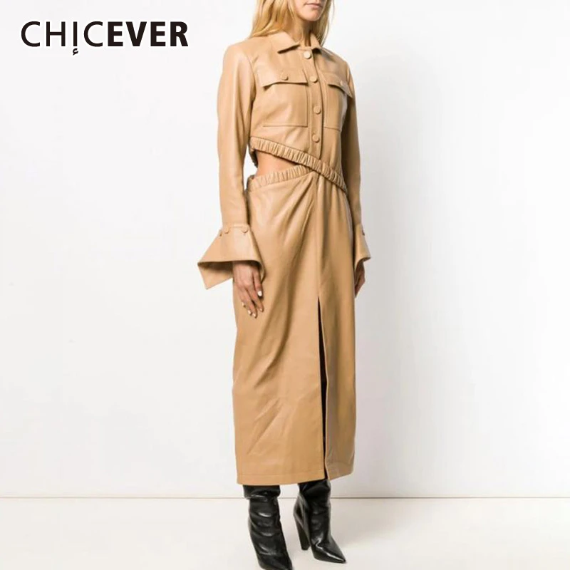 CHICEVER женские костюмы из искусственной кожи, воротник с лацканами, расклешенный рукав, Асимметричная куртка, высокая талия, раздельная юбка, комплект из двух предметов, Женский