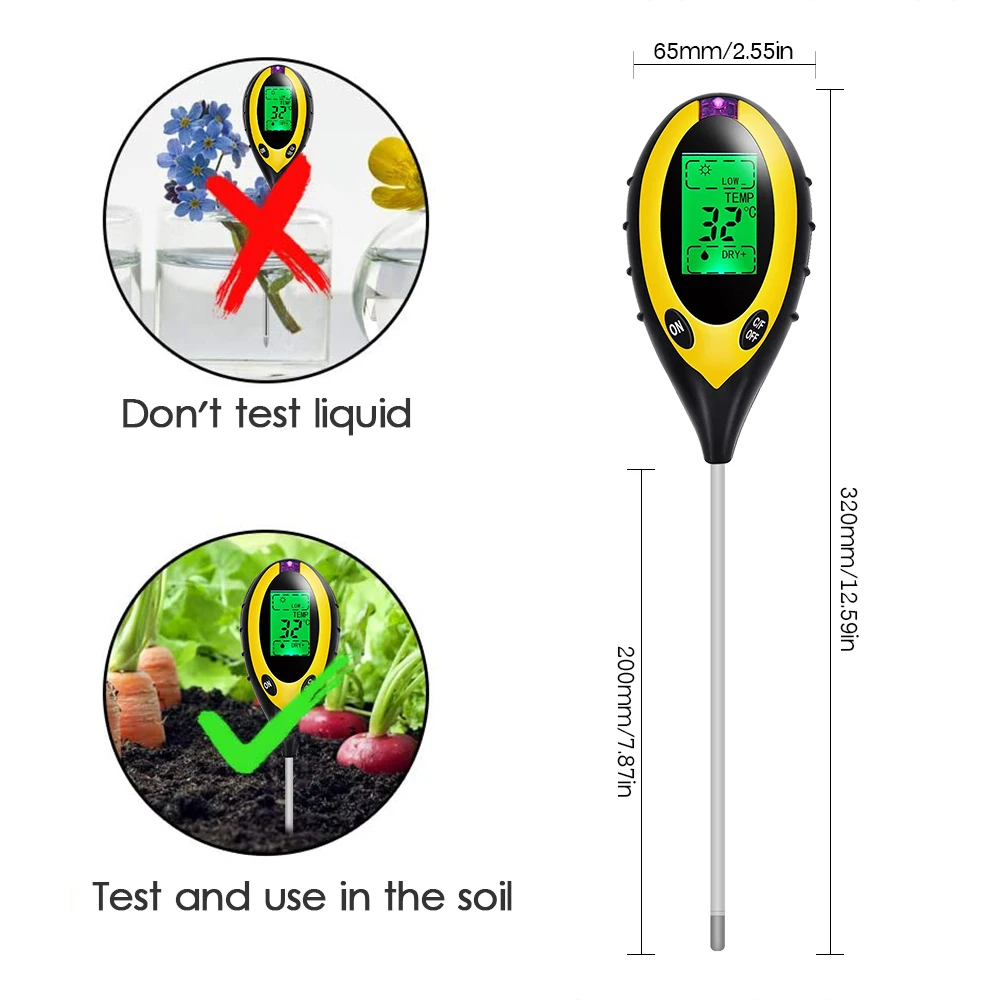 5-in-1 Moisture Meter Digital Soil pH Meter PH Levels Temperature Sunlight Intensity Humidity Tester Large Backlit LCD Display fabric tape measure