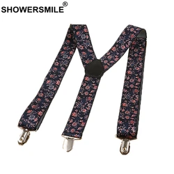 SHOWERSMILE Floral Suspender Wide Vintage Mens Braces For Trousers Male Navy Printed Y Back Suspender Belt With Clips 100cm