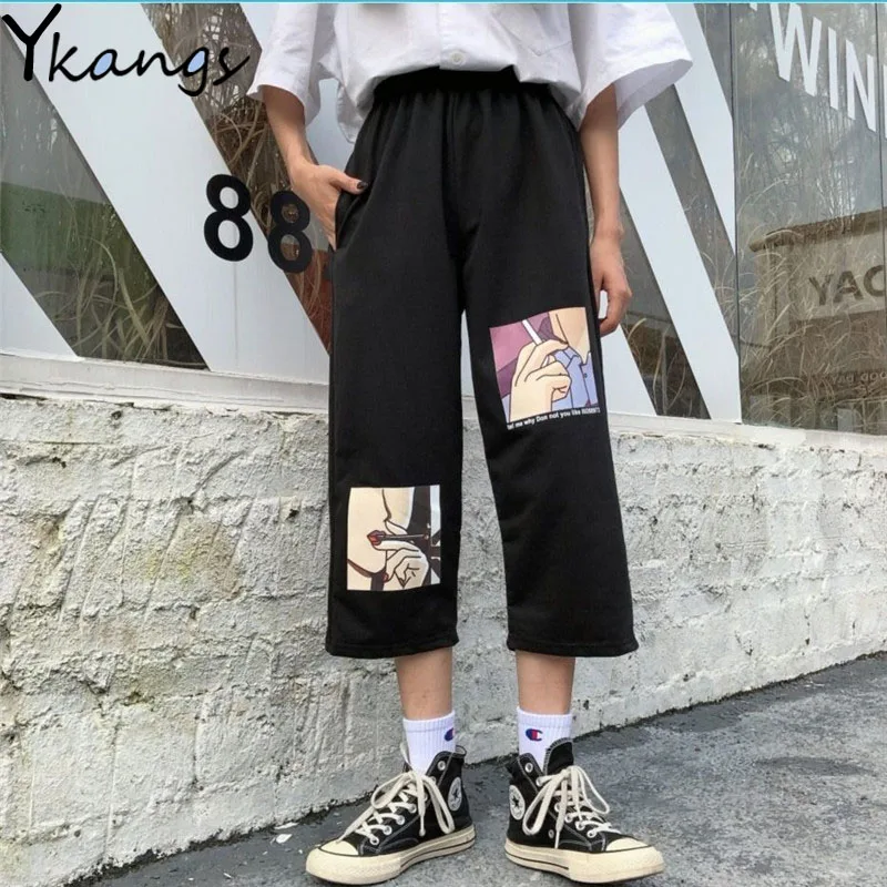 Pantalones holgados de pierna ancha con estampado de Anime para mujer,  pantalón corto holgado de cintura alta para correr, moda coreana, Harajuku  - AliExpress Ropa de mujer