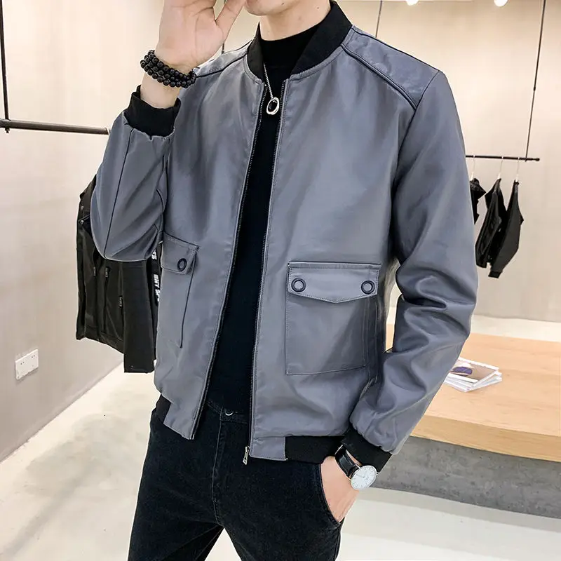 

Autumn Leather Jacket Men's Slim Fashion Solid Color Casual Motorcycle Jackets Mens Streetwear Wild Hip-hop Bomber Jacket Men