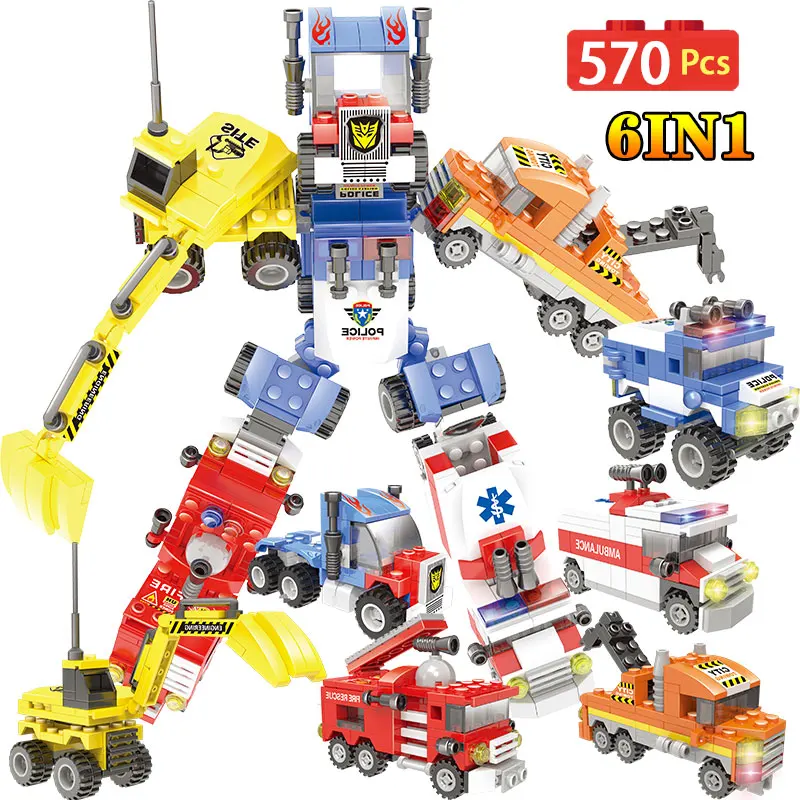 570pcs Building Blocks City Robot 8in1 Transformed Police Car Ambulance Engineering Vehicle Bricks Toys for Boy | Игрушки и хобби