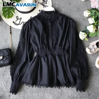 

LMCAVASUN Women Blouses and Tops Korean Long Sleeve Patchwork Lace Shirts White Blouse Hollow Tunic Shirt Ladies Chic Blusas