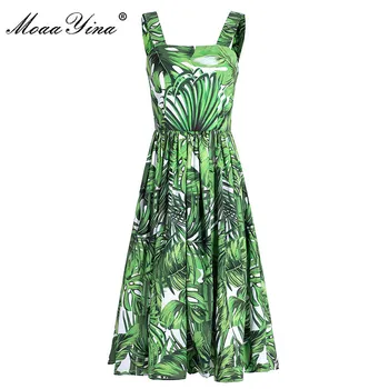 

MoaaYina Fashion Designer dress Summer Women's Dress Backless Plant Print Elegant spaghetti strap Dresses
