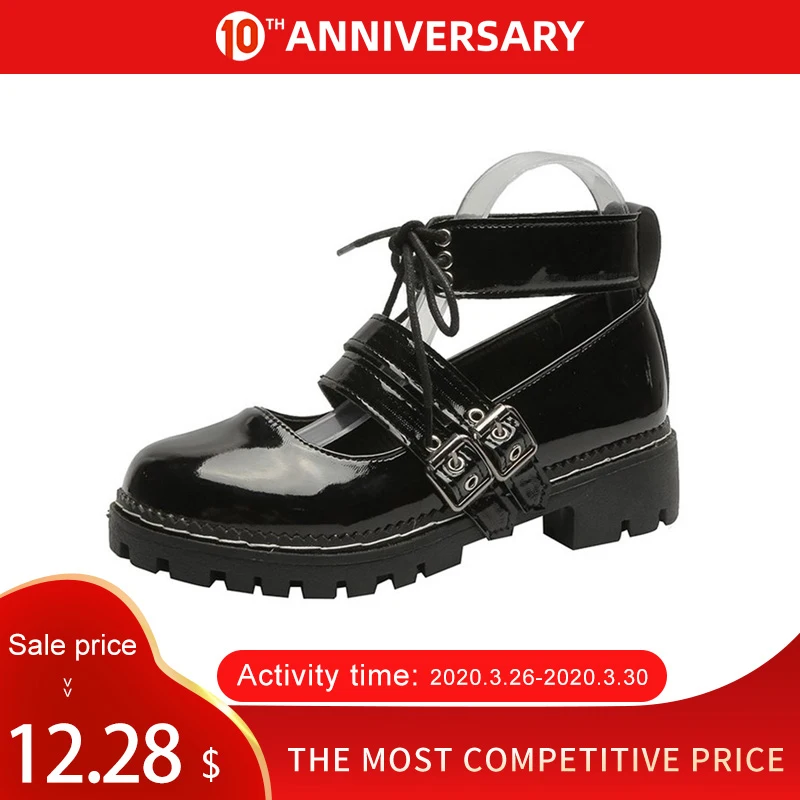 $12.29 Women Spring Mary Janes Pumps Double Buckle Shallow Patent Leather Ladies Platform Mid Hee