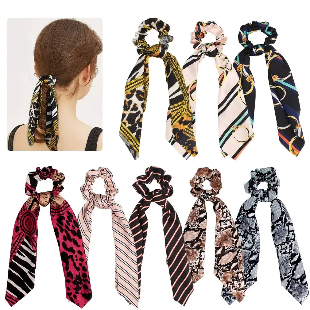 

8 Pcs Scrunchies Hair Accessories Elegant Leopard Printing Stripe Hair Scrunchies Ties Hair Bows Silk Scrunchies Ponytail