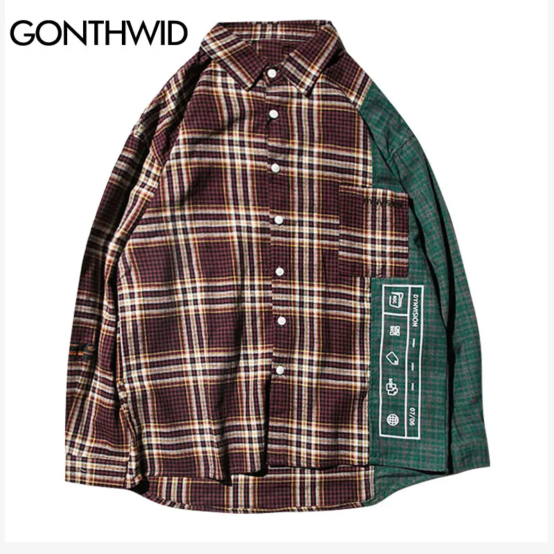 

GONTHWID Harajuku Color Block Patchwork Pocket Long Sleeve Plaid Shirts Hip Hop Casual Button Down Dress Shirt Tops Streetwear