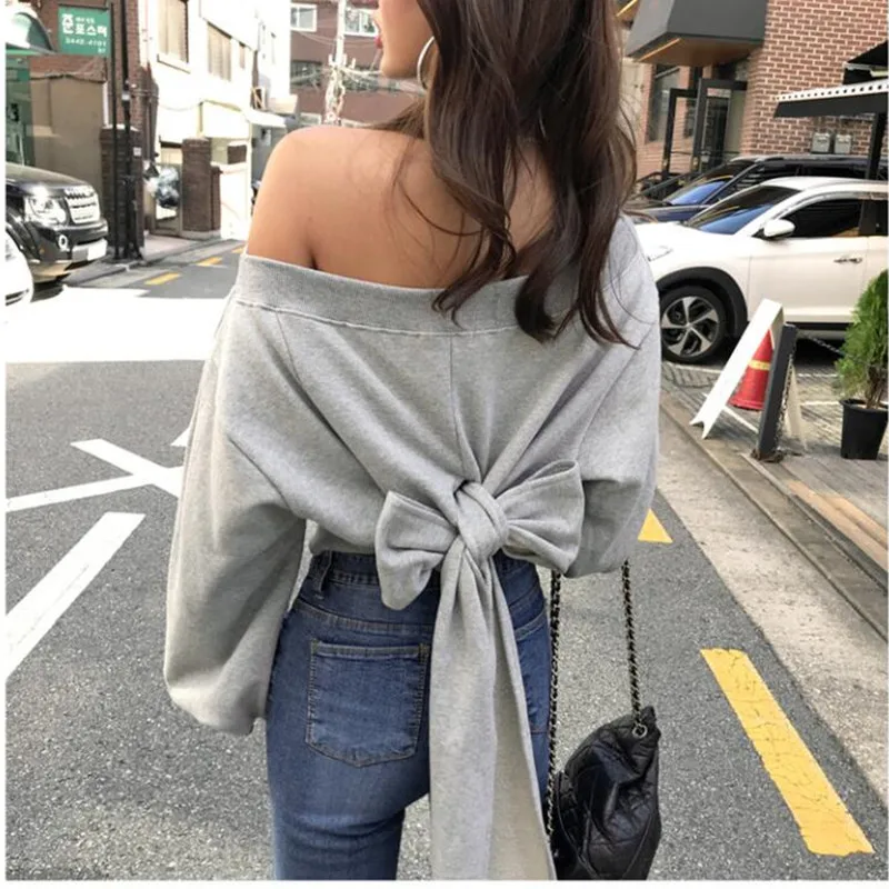 

2019 new fashion word collar strapless shoulder bow tie lazy wind lantern sleeve Tops