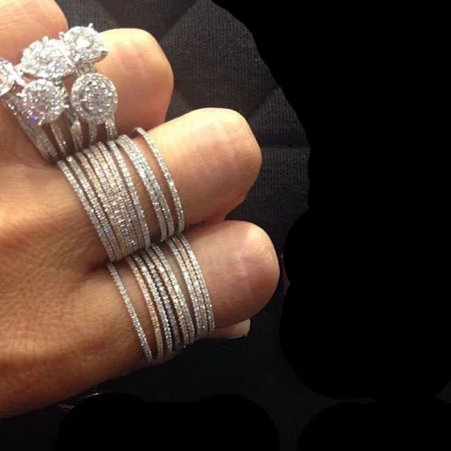 Ring-Set Engagement-Band Eternity-Ring Stackable Micro-Pave Silver 4-Colors 100%Pure