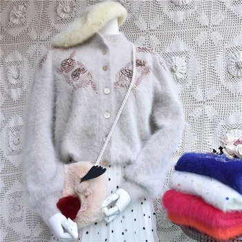 

women short cute vintage cardigans jacket emboridery flower sweater pure angora rabbit fur hand knitted long sleeve autumn coat