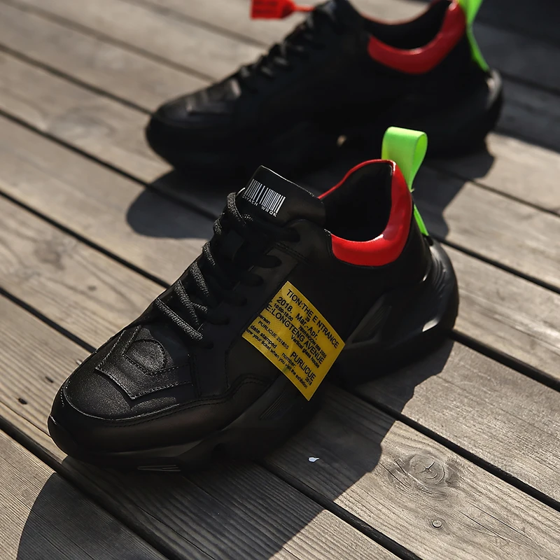 Thick Sole Shoes Men Luxury White Black Genuine Leather Platform Sneakers Vintage Lace Up Dad Shoes Streetwear Hip Hop Footwear