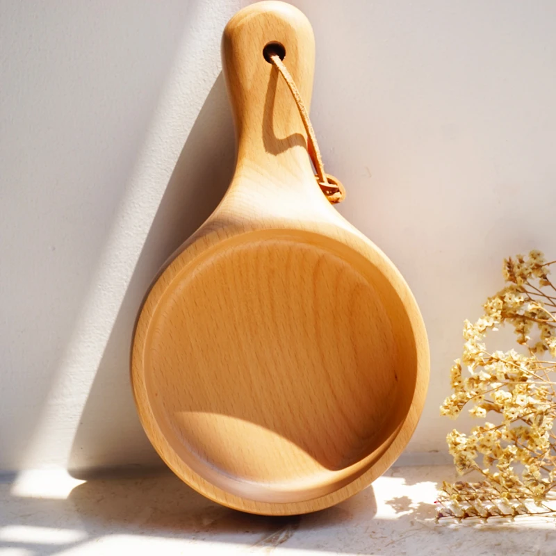 Japanese Style Long Handled Wooden Salad Bowl Wood Large Fruit Pickles Serving Bowl Plate Food Container Kitchen Wooden Utensils (3)