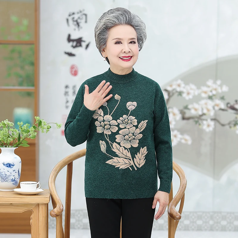 

Winter Wool Pullover Sweater Middle Aged Women Sequined Flower Knitting Top Grandma Mother Jumper Mujer Green Navy Blue Red Pull