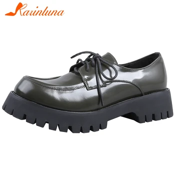 

KARINLUNA New Ladies Casual Office Med Heels Pumps Comfort Genuine Leather Platform Pumps Women Brand Ol lace-up Shoes Woman