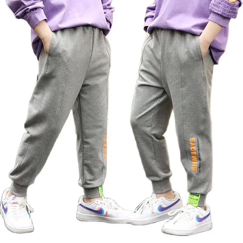

Spring-fall sweatpants for 4-15Y big kids full length sweatpants elastic loosen baby booys clothes solid gray school trousers