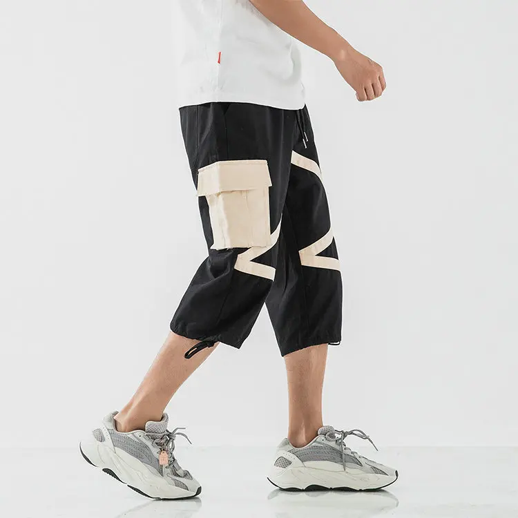 Harajuku Western Style Men Pockets Harem Pants Nice Hip Hop Streetwear Casual Calf-Length Pants Loose Mens Cropped Short Pants