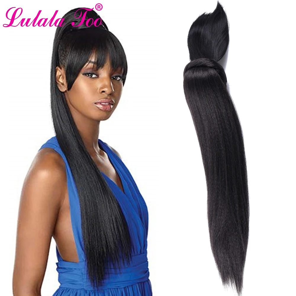 Rabo de Cavalo Peruca com Franja Cauda para as Mulheres Grampo na Extensão do Cabelo Bun e Bang Longo Kinky Cabelo Reto Falso Conjunto Sintético Pônei