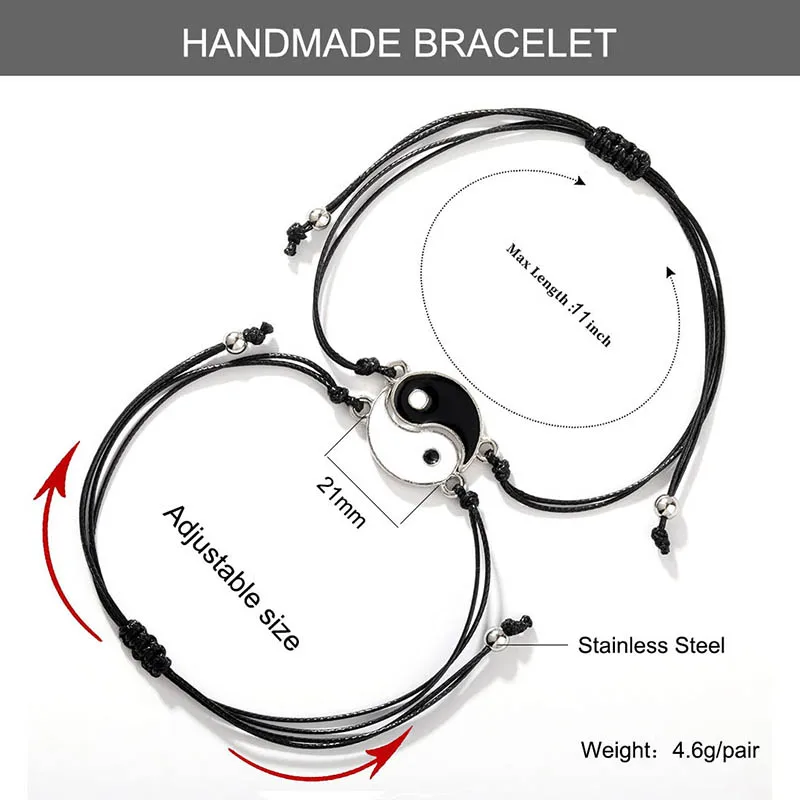Handmade Braided Couple Bracelet Adjustable Tai Chi Ying Yang