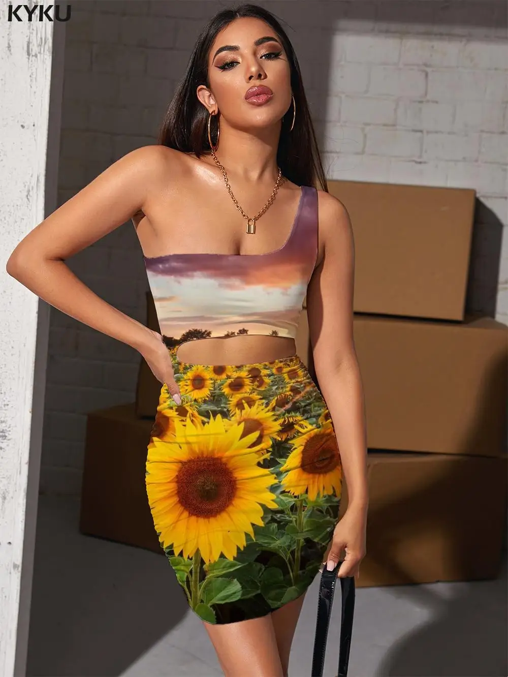 

KYKU Brand Sunflower Dresses Women Cloud Hollow out Dresses Sun Bodycon Dress Romantic 3d Print Womens Clothing Plus Size