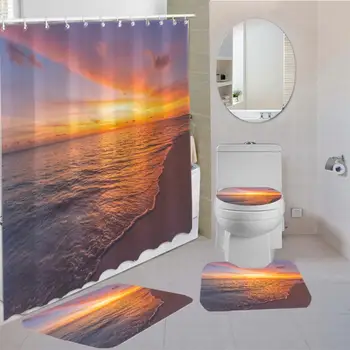 

Summer Tropical Beach Bath Curtain 3D Print Sunset Plam Tree Anti Slip Bath Carpet Toilet Lid Cover Bath Set 4pcs Bathroom Decor