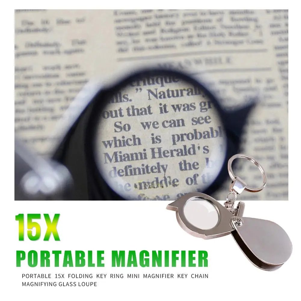 Magnifying Glass Portable Folding Key Ring Mini Magnifier Key Chain Durable Glass Loupe Pocket Tool 15X