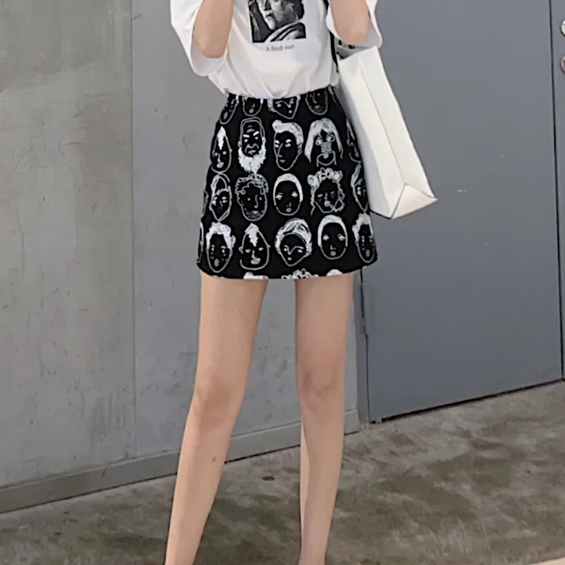Харадзюку мини юбка женская летняя Осенняя уличная стильная трапециевидная юбка с рисунком лица корейская мода сексуальные повседневные черные юбки