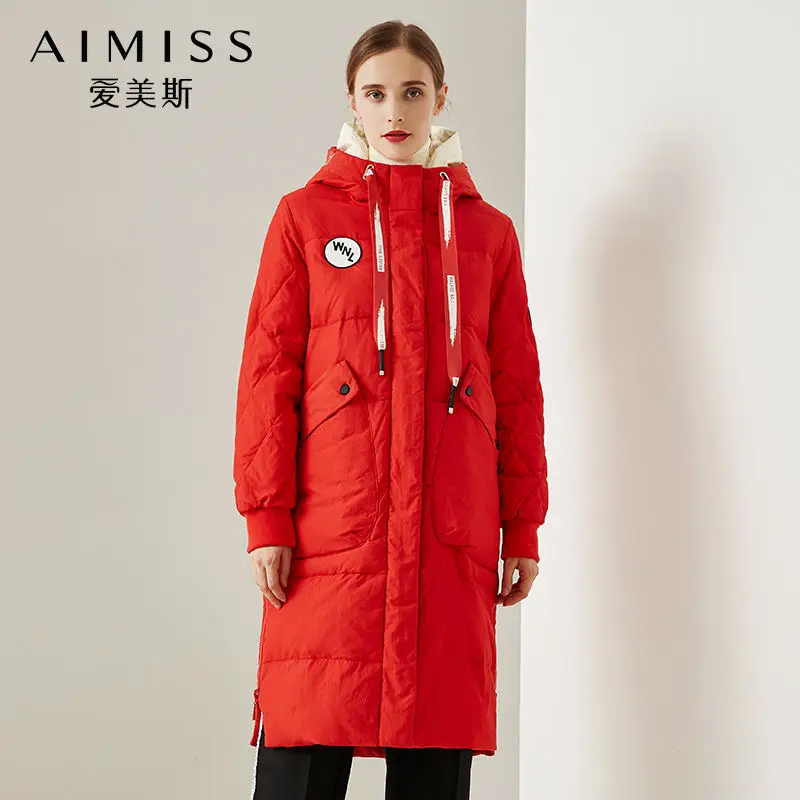 AIMISS/Новинка, женский пуховик, очень плотная теплая куртка с капюшоном и карманом, длинный пуховик, повседневная одежда пальто, зимняя женская одежда