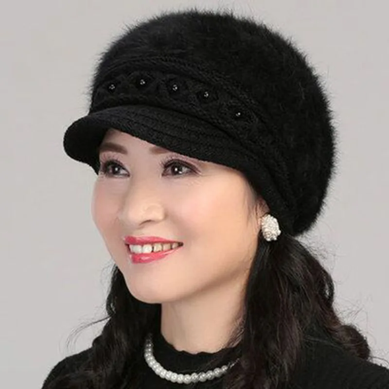 Женские шапки-береты Skullies, элегантные шапки из кроличьего меха, шапка для мамы среднего возраста, зимняя теплая шапка с подкладкой из бархата