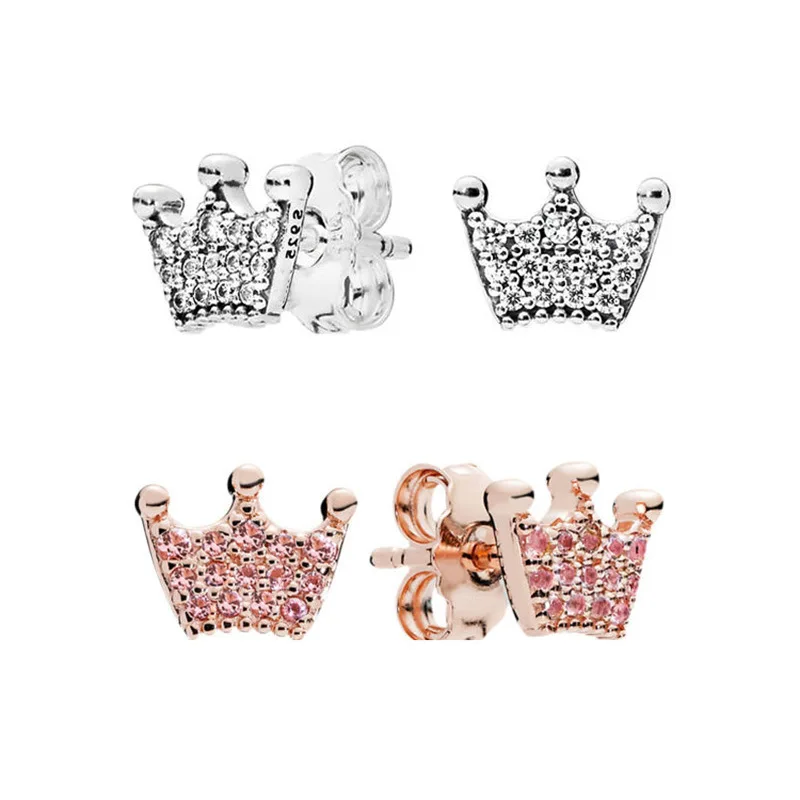 

Classic 925 Sterling Silver Pan 1:1 Crystal Princess Crown Stud Earrings For Women Elegant Lover Earrings Valentine's day gifts