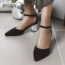 BYQDY Spring Women High Heel Shoes Pointed Toe Metal Fretwork Heels Fashion Flock Office Lady Pumps Buckle Strap Footwear Plus