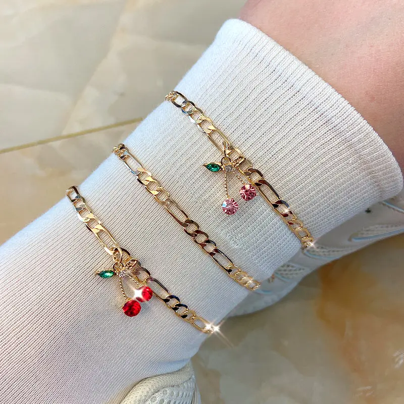 Flatfoosie 2Pcs/Set Fashion Cherry Crystal Anklets Bracelets For Women Simple Gold Color Chain Anklet Summer Beach Jewelry Gift Flatfoosie 2Pcs/Set Fashion Cherry Crystal Anklets Bracelets For Women Simple Gold Color Chain Anklet Summer Beach Jewelry Gift