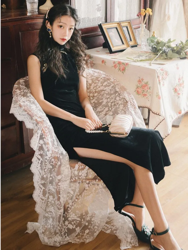 Элегантное тонкое китайское платье Qipao, высокое качество, классическое женское бархатное платье Cheongsam, платок с пайетками, сексуальное длинное платье с разрезом, комплект из двух предметов