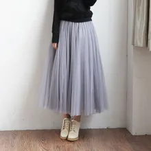 Женские винтажные юбки, Женская эластичная фатиновая юбка с высокой талией, длинная Плиссированная юбка-пачка, женские двухслойные юбки в стиле бохо#1107
