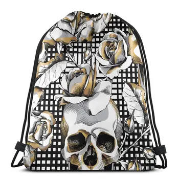 

Gold Skull And Rose Flowers On Geometric Background Backpack Bag Outdoor Fitness Drawstring Beam Mouth Backpack Sports Bag 2020