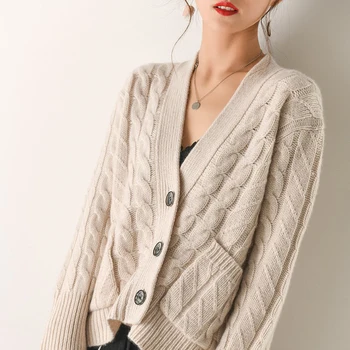 

New women's FRSEUCAG brand high-grade cashmere sweater V-neck full sleeve knitted cardigan coat loose wool sweater Soft and warm