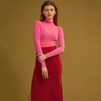 

Newest Evening Party Bandage Dress Women Rose Red Patchwork Long Sleeve O-Neck Sexy Split Night Out Maxi Dress Women Vestidos