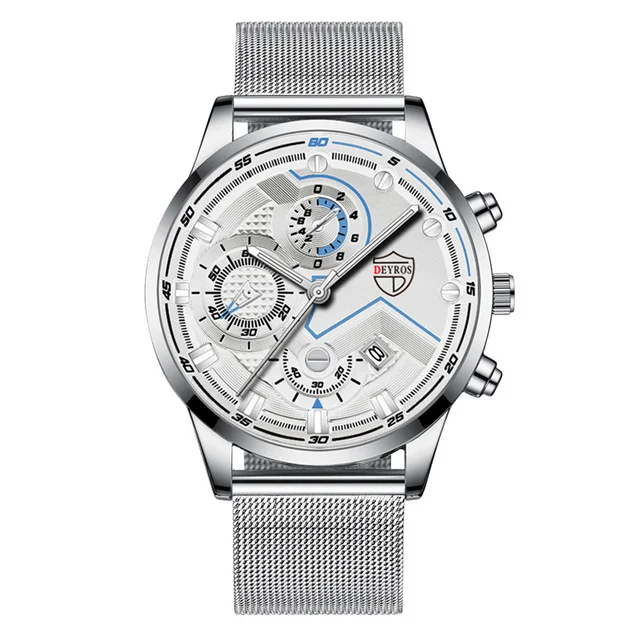 часы мужские Luxury Mens Quartz Stainless Steel Mesh Belt Casual Watches Men Leather Business Date Luminous Watch reloj hombre Mesh Silver White